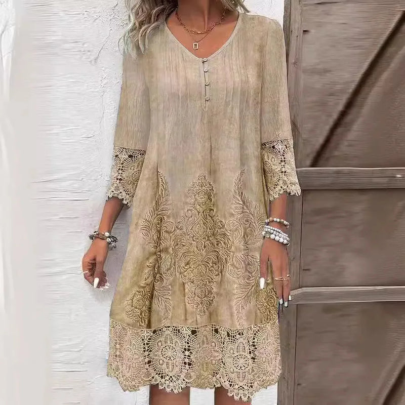 Vestido com Detalhes em Renda Gola V Emmelina