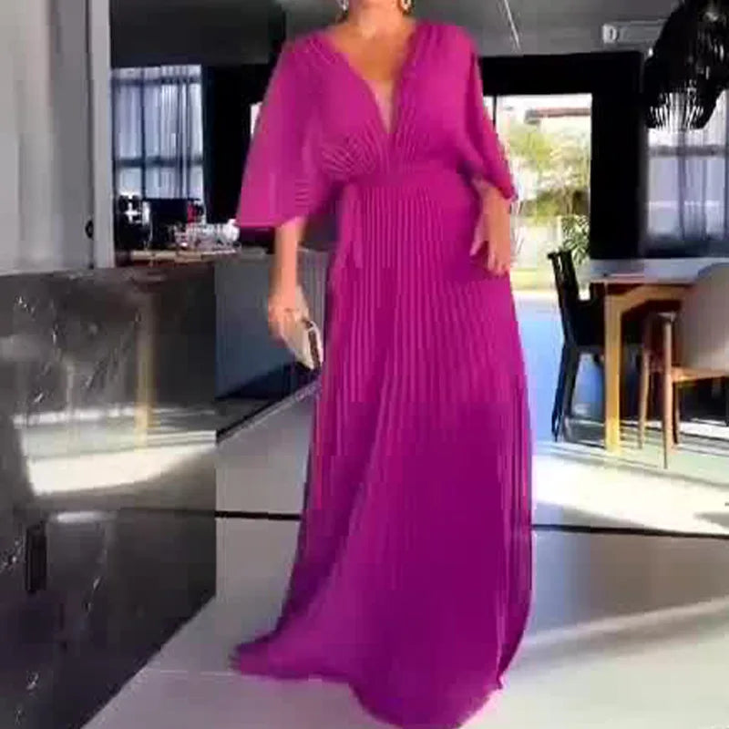 Vestido Longo Plissado de Cintura Alta