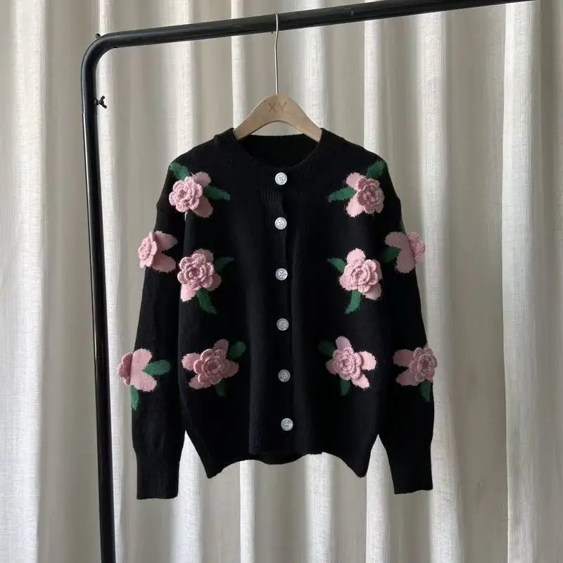 Casaco Feminino de Botão com Flor 3d