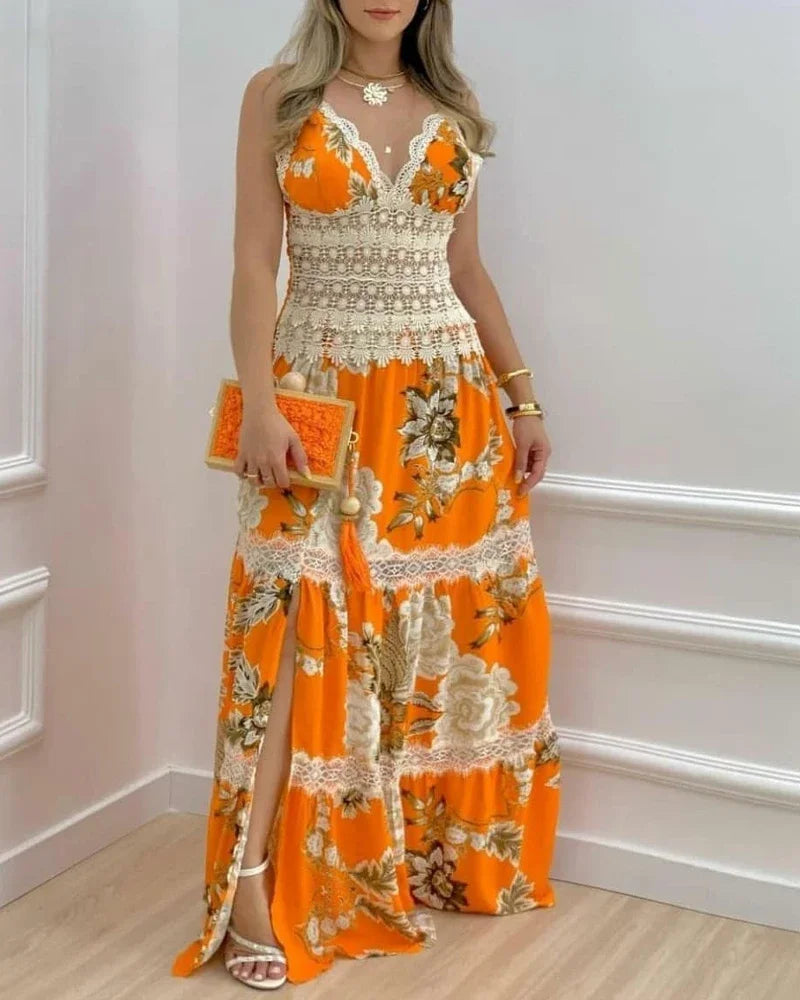 Vestido Longo Estampado com Detalhes em Renda Nerita