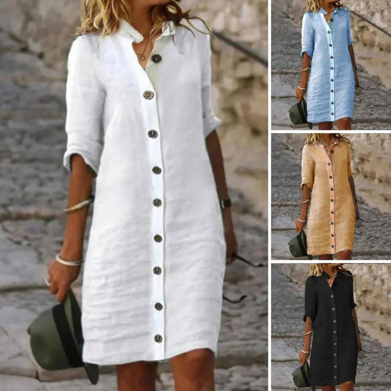 Vestido de Linho Gola V Catarina - Vennanci