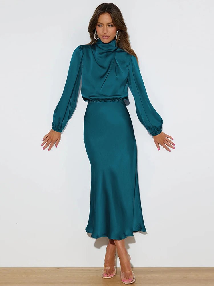 Vestido em Cetim com Manga Comprida - Vennanci