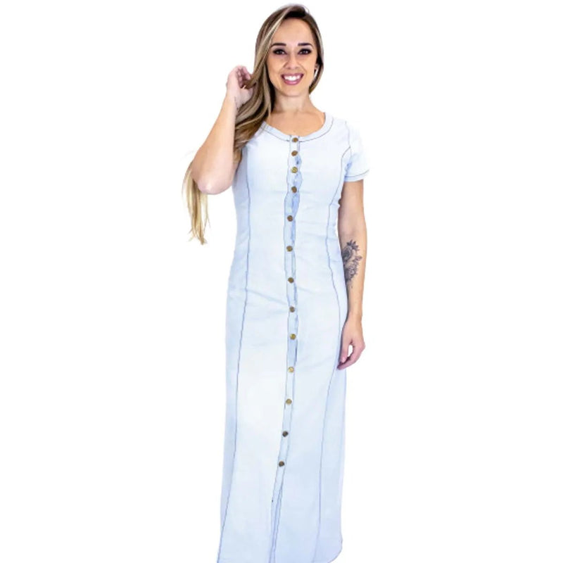 Vestido Feminino Longo Jeans com Botões Frontais - Vennanci