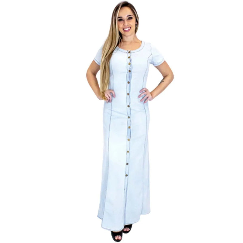 Vestido Feminino Longo Jeans com Botões Frontais - Vennanci